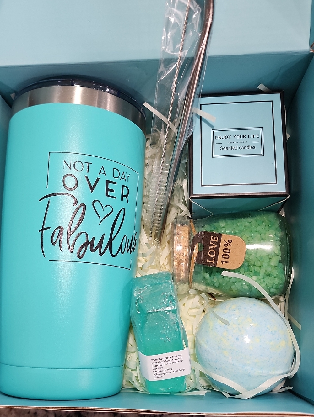 Relaxing Spa Gift Basket Set. Tumbler, Straw, Candle, Soap, Bath Ball, Bath Salt - Picture 3 of 4